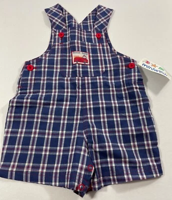 MINIWEAR OVERALL SHORTS “RESCUE SQUAD” PLAID W/ BACK POCKETS SIZE 12 MONTHS - Image 1 of 2