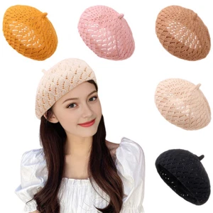 Women Thin Cap Hollow Out Beret Hat Summer Lightweight solid Color Painter Cap - Picture 1 of 17