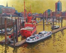 original oil painting of a seascape on canvas the port of Hamburg sea red...