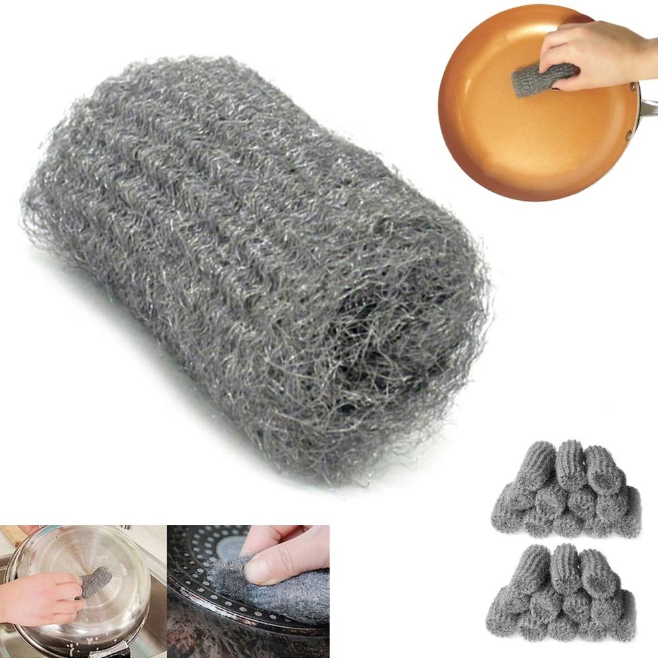 24 Pad Steel Wool 2.5"x1" Cleans Shines Kitchen Bathroom Grill Stainless Cleaner