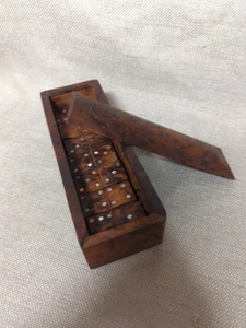 Vintage Burlwood & Mother of Pearl Dominoes In Burlwood Box - Picture 1 of 2