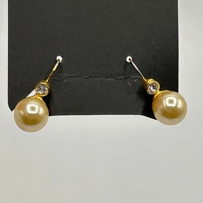 Gold Tone Faux Pearl Drop Earrings with Crystal Accent Women Fashion Jewelry NEW - Image 1 of 3