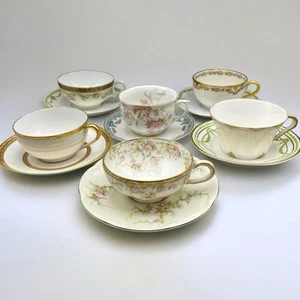 Vintage Mismatched Porcelain Tea Cups & Saucers 6 Sets Haviland Limoges Bavaria - Picture 1 of 9