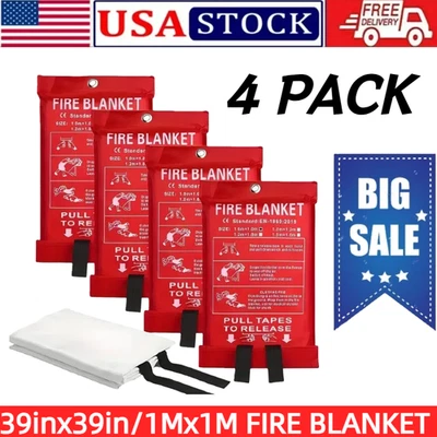 4 peças COBERTOR DE INCÊNDIO fibra de vidro retardador doméstico de emergência preparado 39''x39''EUA estoque - Imagem 1 de 4