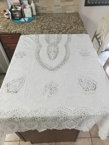 Crochet Tablecloth Vintage Lace Vinyl Table Cloth White Doily Rectangle 60x108 - Picture 1 of 7