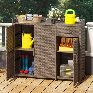Brown Patio Outdoor Storage Cabinet Weather-Proof Rattan Bar Table w/ Two Doors - Picture 1 of 9