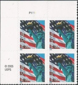 Plate Block of 4 stamps - Scott 3966 - First Class - Flag & Liberty - 2005 - MNH - Picture 1 of 1