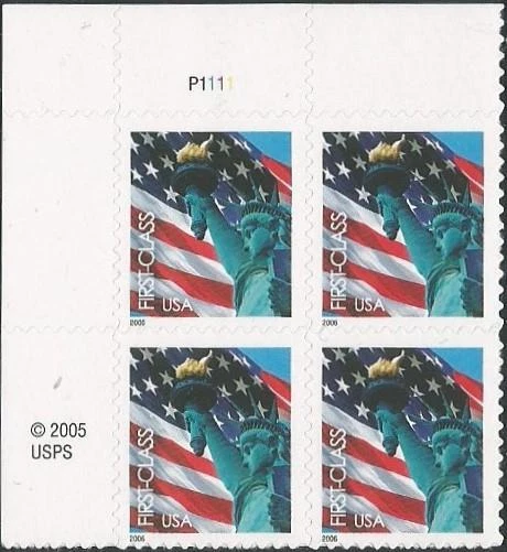 Plate Block of 4 stamps - Scott 3966 - First Class - Flag & Liberty - 2005 - MNH - Image 1 of 1