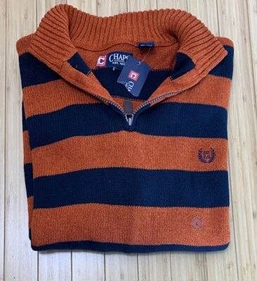 Stripe Chaps 70s  Men Black/Orange Sweater Size L 1/4 Zip Pull Over Made In USA - Image 1 of 4