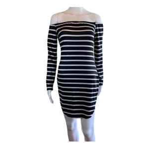 Langarm Schulterfreies Kleid Gr. XS schwarz-weiß gestreift - Bild 1 von 5