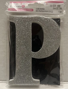 Monogram Letter P Silver Glitter Cake Topper 3.75” Celebrate It New - Picture 1 of 4