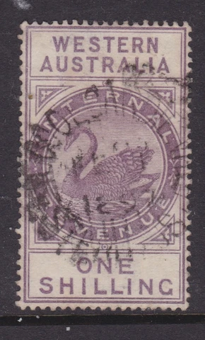 WESTERN AUSTRALIA 1895 1/- Dull Purple IR SWAN REVENUE USED SG F15 (NG25.9) Cover