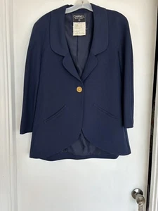 Authentic Chanel Navy Blue Jacket Sz Fr 38 Coat Blazer Large CC Button - Picture 1 of 10