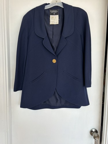 Autentica Giacca Blu Navy Chanel Taglia Fr 38 Cappotto Blazer Grande Bottone CC