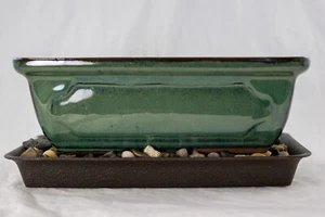 8" Rectangular Green Bonsai / Cactus & Succulent Pot + Tray + Rock + Mesh Combo - Picture 1 of 10