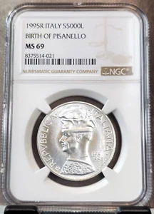 1995 ITALY SILVER 5000 LIRE BIRTH OF PISANELLO NGC MS 69 RARE HIGH GRADE GEM BU - Picture 1 of 3