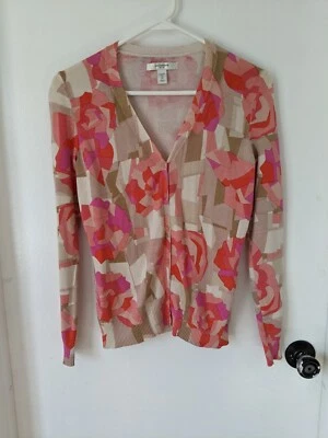 LIZ CLAIBORNE abstract geometric pink Cardigan Button Sweater Small SP Petite  - Image 1 of 3