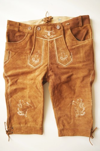 Almwerk Kniebund Lederhose am Bundknopf eingerissen mit Stickerei braun Gr.54