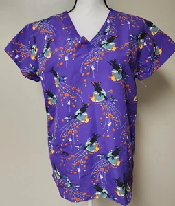 Serene Uniforms Purple Halloween Theme Scrub Top Ghosts Witches Small - Picture 1 of 5