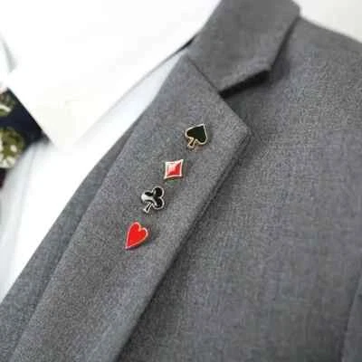 4pcs/set Poker Card Brooches For Men, Spade Heart Club Pin For Suit - Image 1 of 4