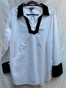 Talbots New Womens Blouse Shirt Size 3 X White Cotton Black Velvet Cuffs Collar - Picture 1 of 14