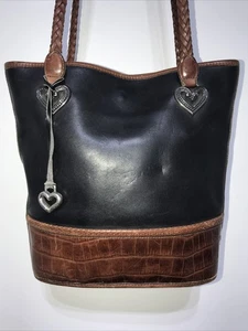 BRIGHTON Vintage schwarz & braun Leder geflochtener Griff Handtasche Schultertasche mit Anhänger - Bild 1 von 19