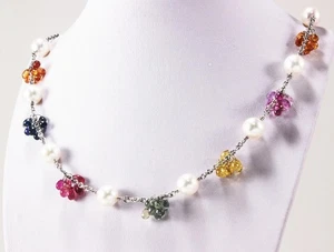 DESIGNER 18K WEISSGOLD SAPHIRE CLUSTER & PERLEN HALSKETTE, 28,76 GRAMM - Bild 1 von 8