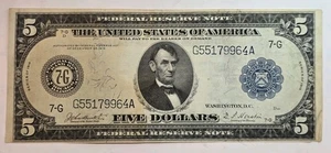 1914 $5 Large Size Federal Reserve Note Chicago (G) Fr 870 Burke/Houston VF - Picture 1 of 6
