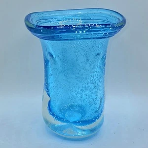 Vintage Blue Bubbles Art Glass Vase Dimpled Cased In Clear Organic - Picture 1 of 9