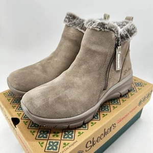 Skechers Ankle Boots Women's Size 7 Brown Suede Faux Fur Memory Foam Side Zip - Picture 1 of 10