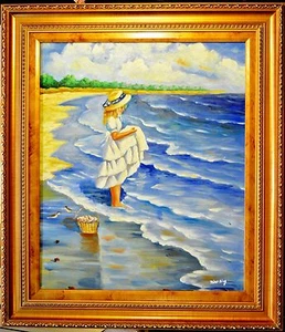 MÄDCHEN MIT VOGEL SPIELT WASSER AM SANDSTRAND 20X24" ÖLGEMÄLDE DEKOR KUNST GESCHENK S304 - Bild 1 von 1
