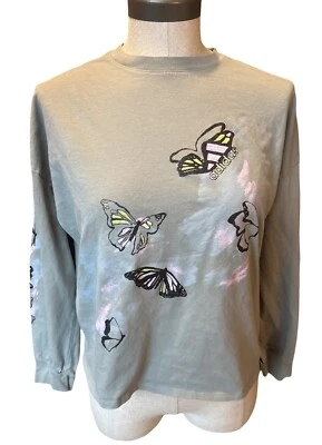 Adidas Size XL Relaxed Butterflies Girls T-Shirt • FEEL FREE • BE FREE• Gray - Image 1 of 3