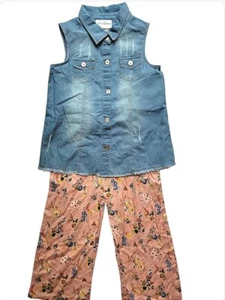 Rare Editions Denim Vest And Floral Pants Set For Girls - Picture 1 of 3