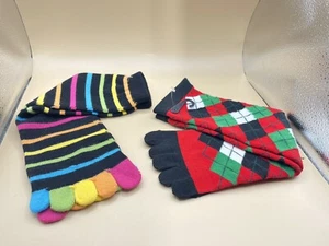 2 Pair Of Unisex Toe Socks- Sz 4-10 Rainbow Stripe/Multi Color Diamond - Picture 1 of 5