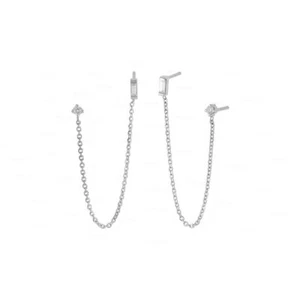 Pendientes de cadena de diamantes redondos y baguette de oro blanco de 14 K - Imagen 1 de 3