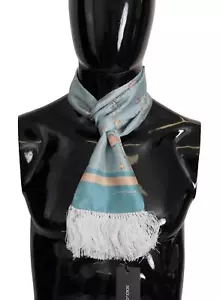 Dolce&Gabbana Men Blue Scarf 100% Silk Shell Print Fringe Lightweight Shawl Wrap - Picture 1 of 6