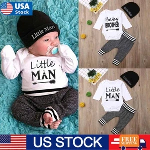 Newborn Baby Boys Outfit Set Clothes Long Sleeve Romper Tops + Long Pants + Hat - Picture 1 of 11