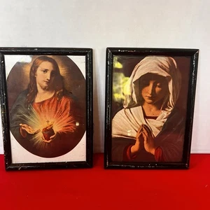 2 Framed Catholic Devotional Pictures; Sacred Heart Of Jesus & Virgin Mary 4x6” - Picture 1 of 9