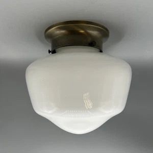 Vintage School House Globe White Cased Glass Updated Wire Flush Mount Fixture - Picture 1 of 9