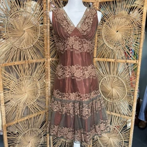 Vintage 60s Lilli Diamond Brown Lace Party Dress S Mod Scooter Dress Drop Waist - Picture 1 of 11