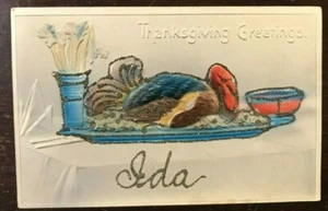 THANKSGIVING GREETINGS~EMBOSSED-AIR BRUSHED WITH NAME IDA GLITTER POSTCARD - Picture 1 of 2