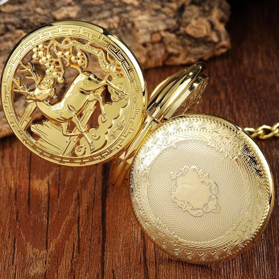 Mechanical Pocket Watch Double Hunter Skeleton Dial Exhibition Deer Engraved NEW - Изображение 1 из 4