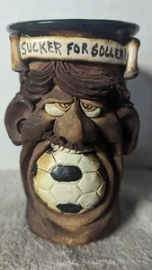 Soccer Mug Funny Face / Signed / 3D Face Pottery - Picture 1 of 6