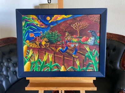 PINTURA ORIGINAL DE Halloween de jinete sin cabeza persiguiendo a un espantapájaros asustado Foto 1 de 4