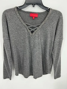 Camiseta Jennifer Lopez Top Mujer Pequeña Gris Con Cuentas Correas Cuello Tejido Nubby - Imagen 1 de 8