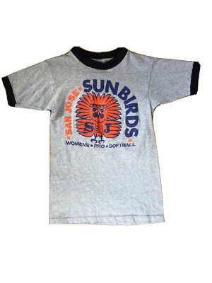 Vintage 70s SAN JOSE Pro Softball Sunbirds Blue Ringer Shirt Heather Women RARE - Image 1 of 4