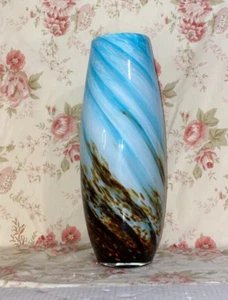 Amazing HQT Handmade Home Design Art Glass Vase 13.5" Turquoise Brown & White - Picture 1 of 9