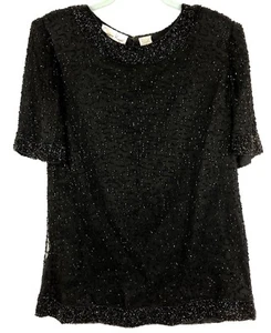 Vintage 80er Laurence Kazar Perlen Top Bluse Schwarz Seide S Glam Abend Kurzarm - Bild 1 von 8