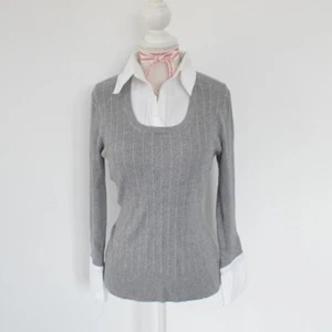 Y2k 2000s 00s grey knit sweater jumper with white collar coquette office size L - Picture 1 of 6