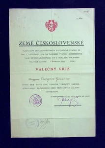 ATTESTATO - CROCE di GUERRA - Zeme Ceskoslovenske - CECOSLOVACCHIA - Anno 1919 - Imagen 1 de 3